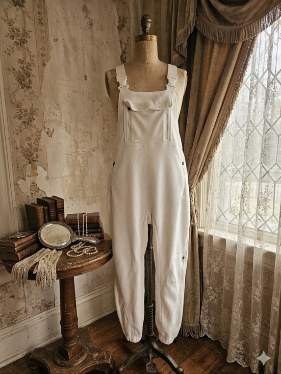Pants - Vintage Style White Fleece Ski Overalls / Bibs